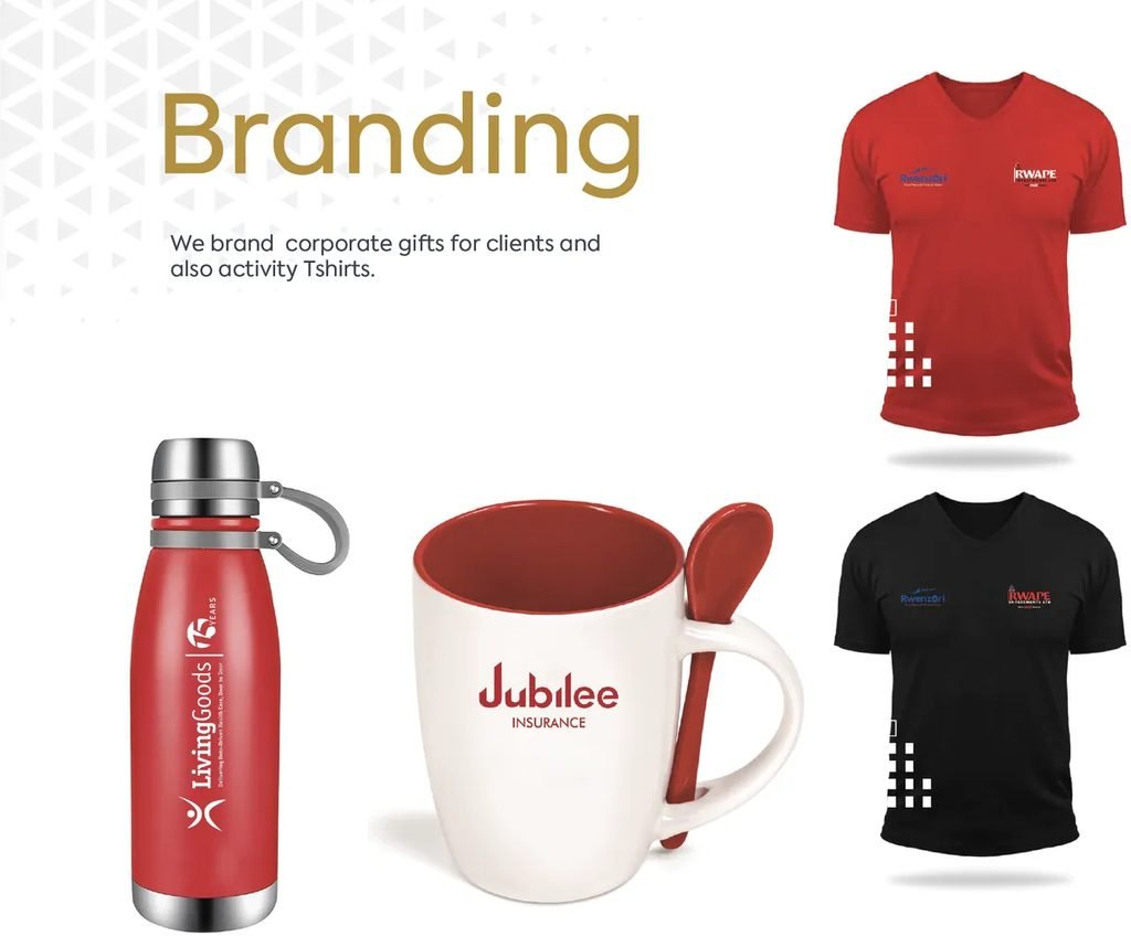Branded corporate merchandise produced by SketchNet — drinkware, mugs and apparel